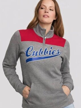 PINK Victoria's Secret Gray Quarter‑Zip Sweatshirt with Red Yoke and Blue Script